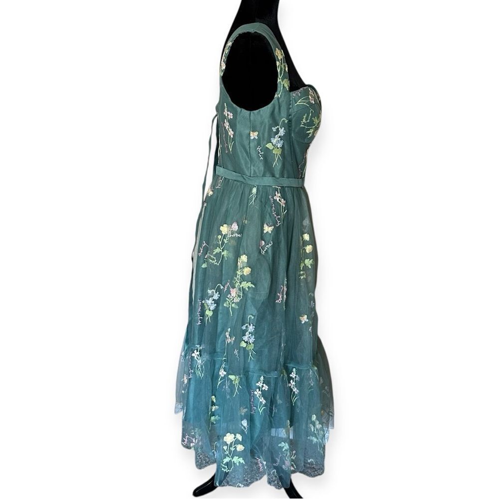 Corset Floral Embroidered Green Ruched Layered Tulle Flower  Midi Prom Dress - Picture 7 of 13